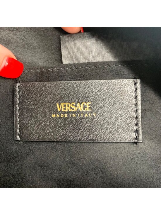 Versace Tag Nappa Bowling Bag Black,Gold | VERSACE US Versace Black Leather Tag Bowling Shoulder Bag